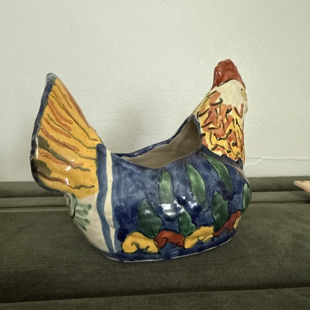 Terracotta Pottery Chicken Planter Mexican Folk Art Signed Mexico Amora - Picture 5 of 9